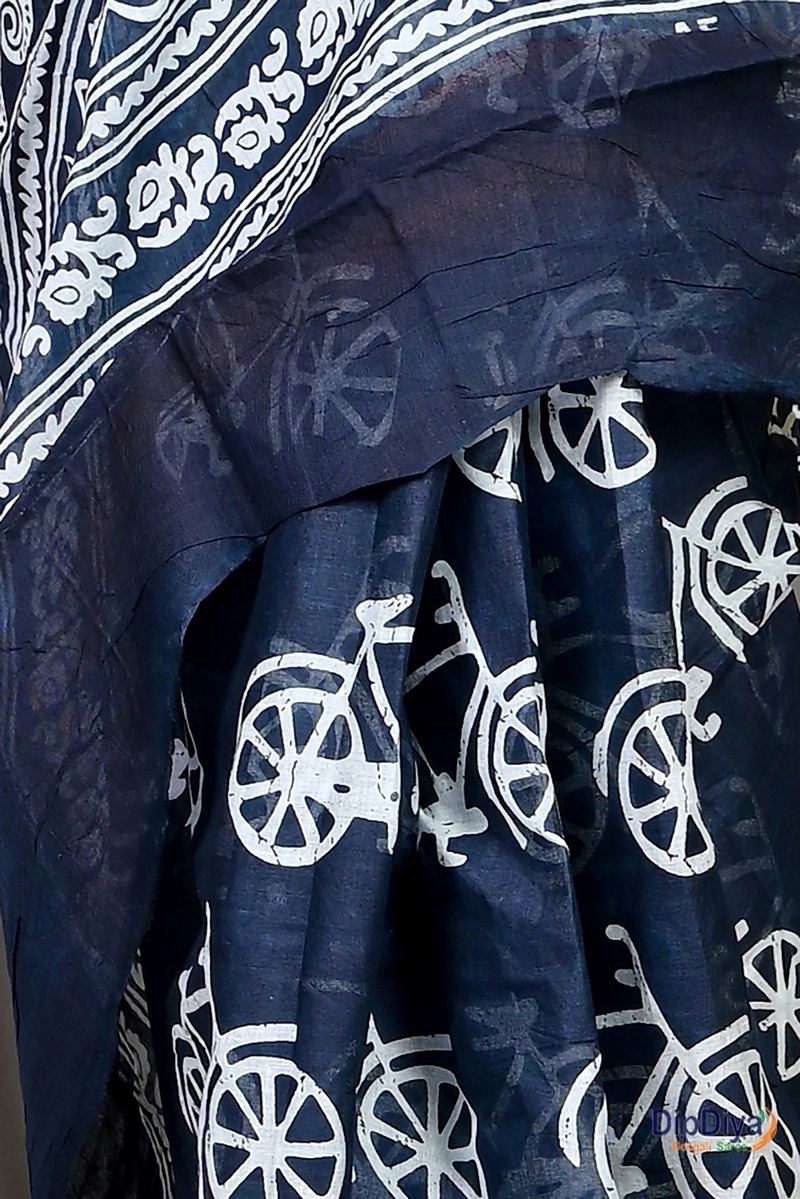 Blue White Cotton Soumava Printed Handloom Saree (587)